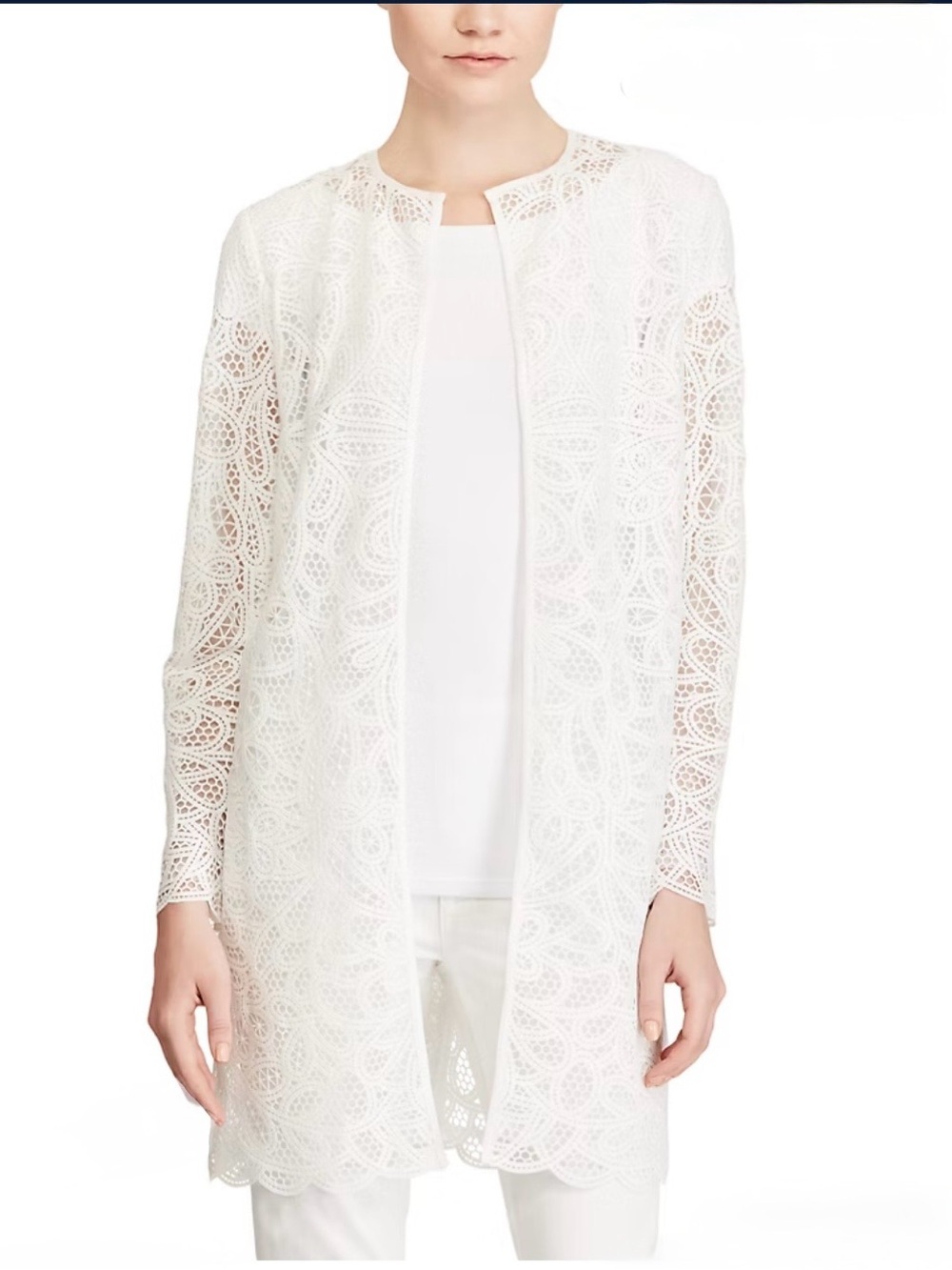 Lauren Ralph Lauren White Lace Open Front Duster Jacket Cardigan 2X